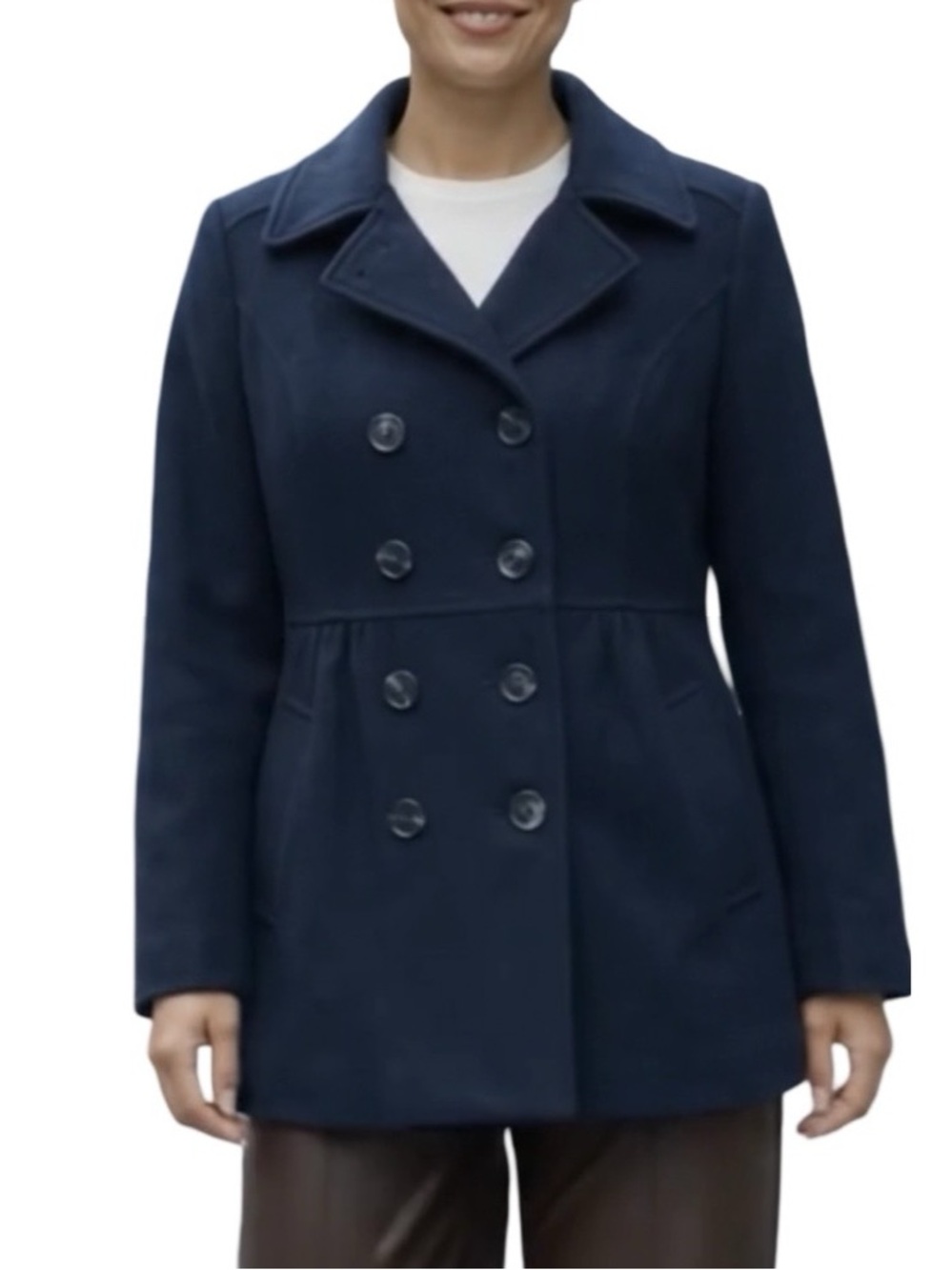 Jacob Navy Wool Coat Pea Jacket Style w Flattering Empire Double Breasted M